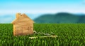 Eco friendly house concept. Small wooden model home on green grass with mountains in background