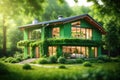 Eco friendly house with green environmental background. ai generative Royalty Free Stock Photo