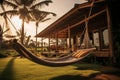 Eco friendly house with hammock inside private beautiful exotic tropical garden with palm view