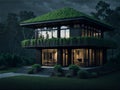 Eco-friendly a house with a lush green roof that absorbs rainwater and reduces runoff. AI Generated