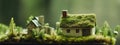 Eco Friendly House - Paper Home On Moss In Garden. Royalty Free Stock Photo