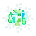 Eco friendly household cleaning supplies in leaves. Natural detergents. Products for house washing