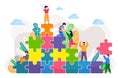 Eco friendly illustration of cooperation people for building new clean world, colorful puzzle image Royalty Free Stock Photo