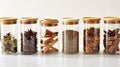 eco friendly kitchen storage on white background,various spices in glass jar, bamboo. Generative Ai Royalty Free Stock Photo