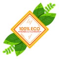 Eco friendly label with green leaves, orange diamond shape sign. Nature and environment conservation vector illustration Royalty Free Stock Photo