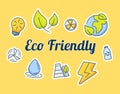 Eco friendly lettering around icons package green isolated background with modern flat color cartoon style Royalty Free Stock Photo