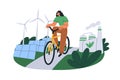 Eco-friendly life, ecology concept. Person rides bicycle, sustainable city transport. Green industry, renewable energy