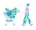 Eco-friendly Life with Woman Push Cart with Vegetables Vector Illustration