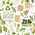Eco friendly lifestyle. Seamless pattern with reusable and recyclable objects and eco friendly motivation quote. Royalty Free Stock Photo