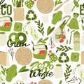 Eco friendly lifestyle. Seamless pattern with reusable and recyclable objects and eco friendly motivation quote. Royalty Free Stock Photo
