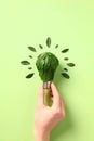 Eco-friendly light bulb with green leaves in woman`s hand. The concept of energy saving, ecology and sustainable use of resources Royalty Free Stock Photo