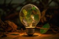 Eco-friendly light bulb with leaves inside. The concept of green energy. Generative AI Royalty Free Stock Photo