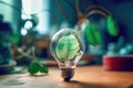 Eco-friendly light bulb with leaves inside. The concept of green energy. Generative AI Royalty Free Stock Photo