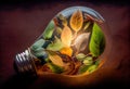 Eco-friendly light bulb with leaves inside. The concept of green energy. Generative AI Royalty Free Stock Photo