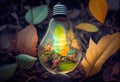 Eco-friendly light bulb with leaves inside. The concept of green energy. Generative AI Royalty Free Stock Photo