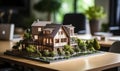 Eco-friendly living conceptualized with a 3D model house on a meeting table in a real estate agency, symbolizing sustainable