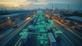 Eco friendly logistics hub shows smart tech solutions for efficient supply chain operations. Trucks with containers move along Royalty Free Stock Photo