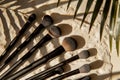 Eco-friendly makeup brushes displayed on natural sand with palm shadows