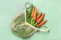 Eco friendly mesh shop bag with fresh harvested carrot isolated on pink background