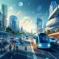 The eco-friendly metropolis bustles with life, showcasing its commitment to sustainability with clean energy buses and cars Royalty Free Stock Photo