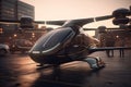 Eco friendly modern and futuristic air taxi in modern city. Generative AI. Royalty Free Stock Photo