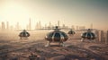 Eco friendly modern and futuristic air taxis flying in modern city. Generative AI Royalty Free Stock Photo