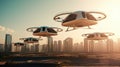 Eco friendly modern and futuristic air taxis flying in modern city. Generative AI. Royalty Free Stock Photo