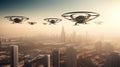 Eco friendly modern and futuristic air taxis flying in modern city. Generative AI. Royalty Free Stock Photo