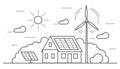 Eco friendly modern house. Alternative wind energy station. Solar panels, wind power. Environment concept vector outline Royalty Free Stock Photo