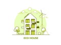 Eco friendly modern house. Green architecture. Solar panel, wind turbine, green roof. Vector illustration.