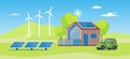 Eco-friendly modern house on green energy, eco car. The concept of using clean energy in a private house. Environment Royalty Free Stock Photo