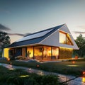 An eco-friendly modern house with large solar panels on the roof during dusk, showcasing sustainable living and energy Royalty Free Stock Photo