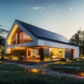 An eco-friendly modern house with large solar panels on the roof during dusk, showcasing sustainable living and energy Royalty Free Stock Photo