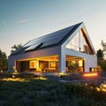 An eco-friendly modern house with large solar panels on the roof during dusk, showcasing sustainable living and energy Royalty Free Stock Photo