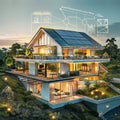 An eco-friendly modern house with large solar panels on the roof during dusk, showcasing sustainable living and energy Royalty Free Stock Photo