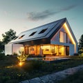 An eco-friendly modern house with large solar panels on the roof during dusk, showcasing sustainable living and energy Royalty Free Stock Photo