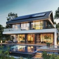 An eco-friendly modern house with large solar panels on the roof during dusk, showcasing sustainable living and energy Royalty Free Stock Photo