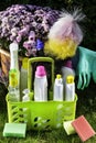 Eco-friendly natural cleaners, cleaning products with flower on grass Royalty Free Stock Photo