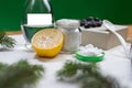 Eco-friendly natural cleaners. Vinegar with water, baking soda, salt, lemon ready for measuring ,white cloth background Royalty Free Stock Photo