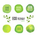 Eco friendly natural product watercolor labels. Organic fresh food product concept Royalty Free Stock Photo