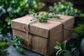 Eco friendly packaging concept with sustainable cardboard box made from recycled materials and grass Royalty Free Stock Photo