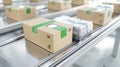Eco-friendly packaging idea with cardboard boxes and plastic containers on a conveyor belt for sustainable transport solutions Royalty Free Stock Photo