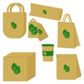 Eco friendly packaging set for various goods, packaging for things and items, shopping bags, brown paper bag, food container and