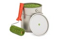 Eco-friendly paint concept. Can with grassy paint and roller brush, 3D rendering Royalty Free Stock Photo