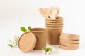 Eco friendly paper dishes. Craft cups, caps, wooden forks. Still life with cherry flowers. Recyclable tableware for fast food.