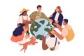 Eco-friendly people with Earth globe, saving planet, protecting and caring about environment. Concept of ecology