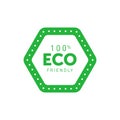 Eco friendly 100 percent green hexagonal badge. Design element for packaging design and promotional material. Vector