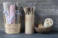 Eco-friendly personal hygiene items made of natural materials.Toothbrushes, linen towels, and washcloths