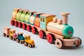 Eco friendly, plastic free toys for toddler. Stylish wooden toy train with colorful blocs for child . AI Generated