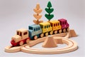 Eco friendly, plastic free toys for toddler. Stylish wooden toy train with colorful blocs for child . AI Generated